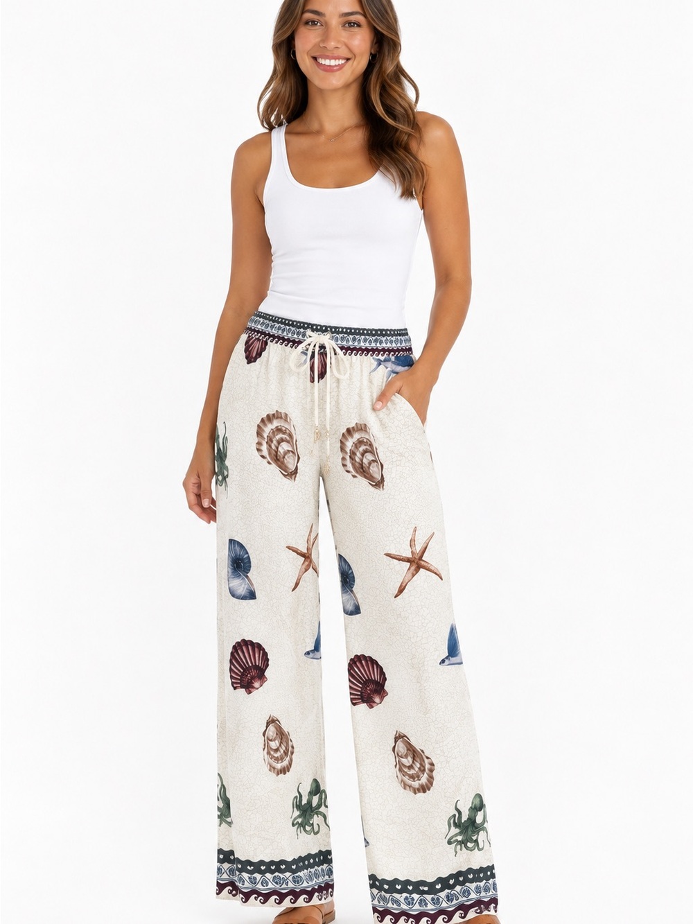 NWT Calypso St. Barth linen wide-leg pants with ocean-inspired print Large